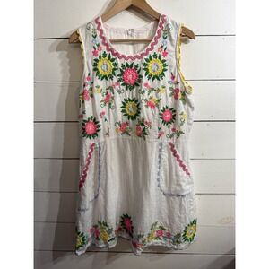 Roller Rabbit Linen Wildflower Kiki Floral Embroidered Mini Dress Size Large